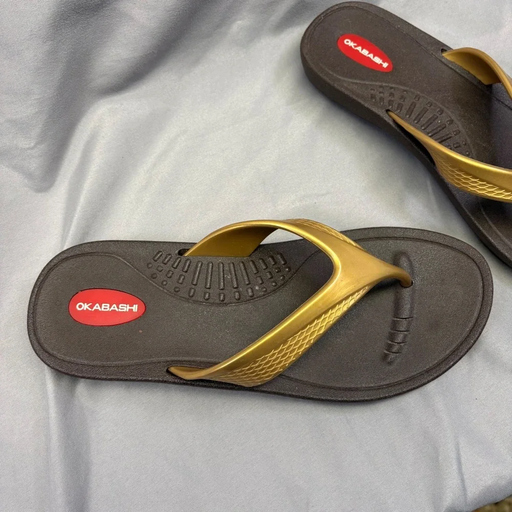 Okabashi Mens Flip Flop Sandals Brown Gold Thong Comfort Beach Shoes Made in USA